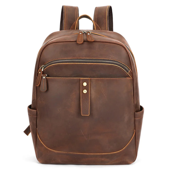 2360 Genuine Cow Leather Backpack for 15 inch Laptop Business Travel Bag with Multi-compartment - Coffee - 1