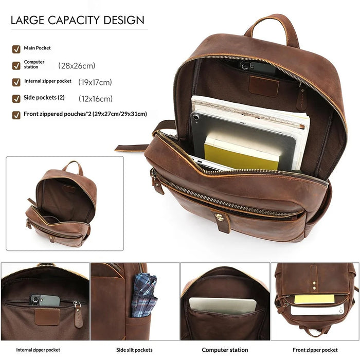 2360 Genuine Cow Leather Backpack for 15 inch Laptop Business Travel Bag with Multi-compartment - Coffee - 3