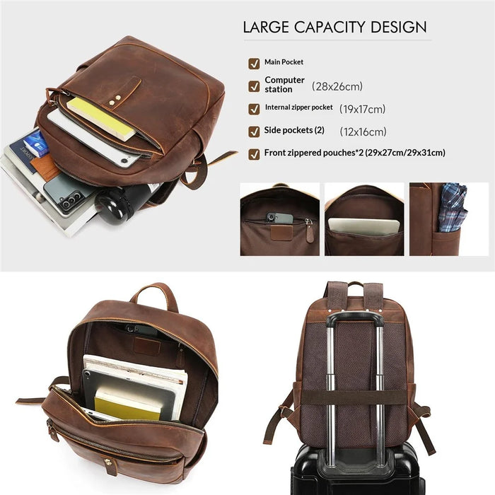 2360 Genuine Cow Leather Backpack for 15 inch Laptop Business Travel Bag with Multi-compartment - Coffee - 5
