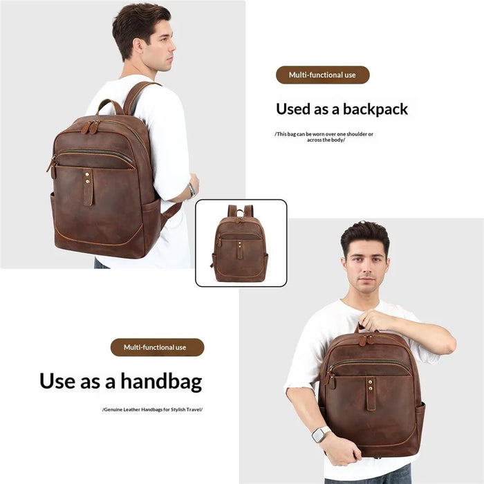 2360 Genuine Cow Leather Backpack for 15 inch Laptop Business Travel Bag with Multi-compartment - Coffee - 6