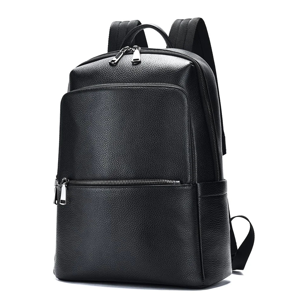 2452 Business Casual Backpack Genuine Cow Leather Laptop Bag Daypack for School Work Travel - Black - 1