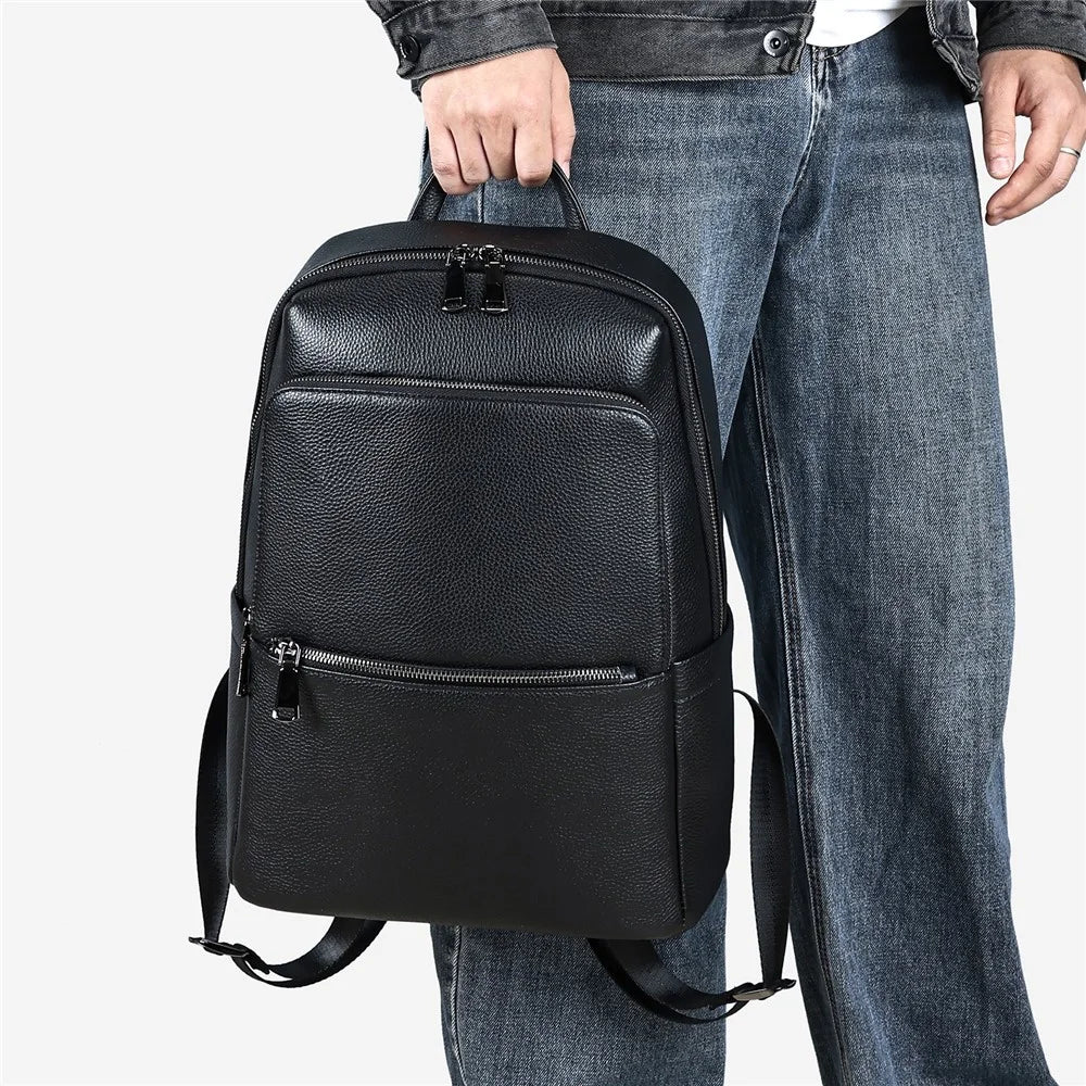 2452 Business Casual Backpack Genuine Cow Leather Laptop Bag Daypack for School Work Travel - Black - 3