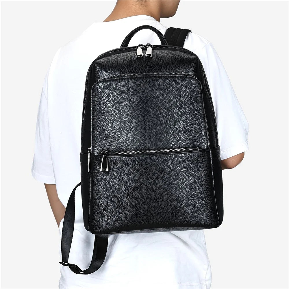 2452 Business Casual Backpack Genuine Cow Leather Laptop Bag Daypack for School Work Travel - Black - 4