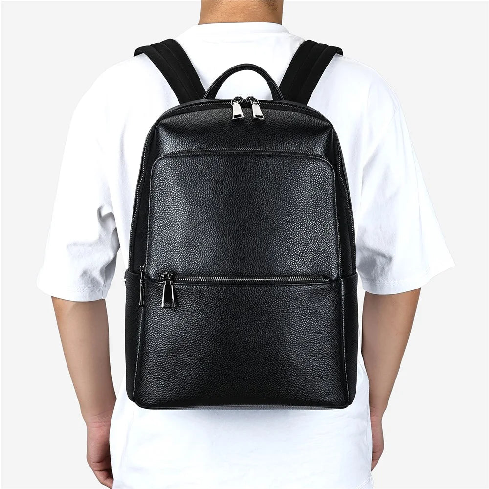 2452 Business Casual Backpack Genuine Cow Leather Laptop Bag Daypack for School Work Travel - Black - 5