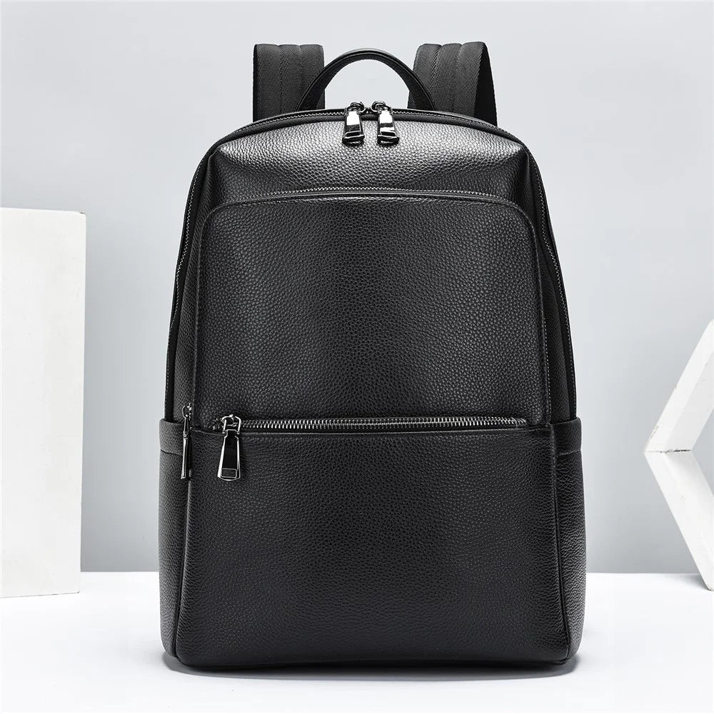 2452 Business Casual Backpack Genuine Cow Leather Laptop Bag Daypack for School Work Travel - Black - 6