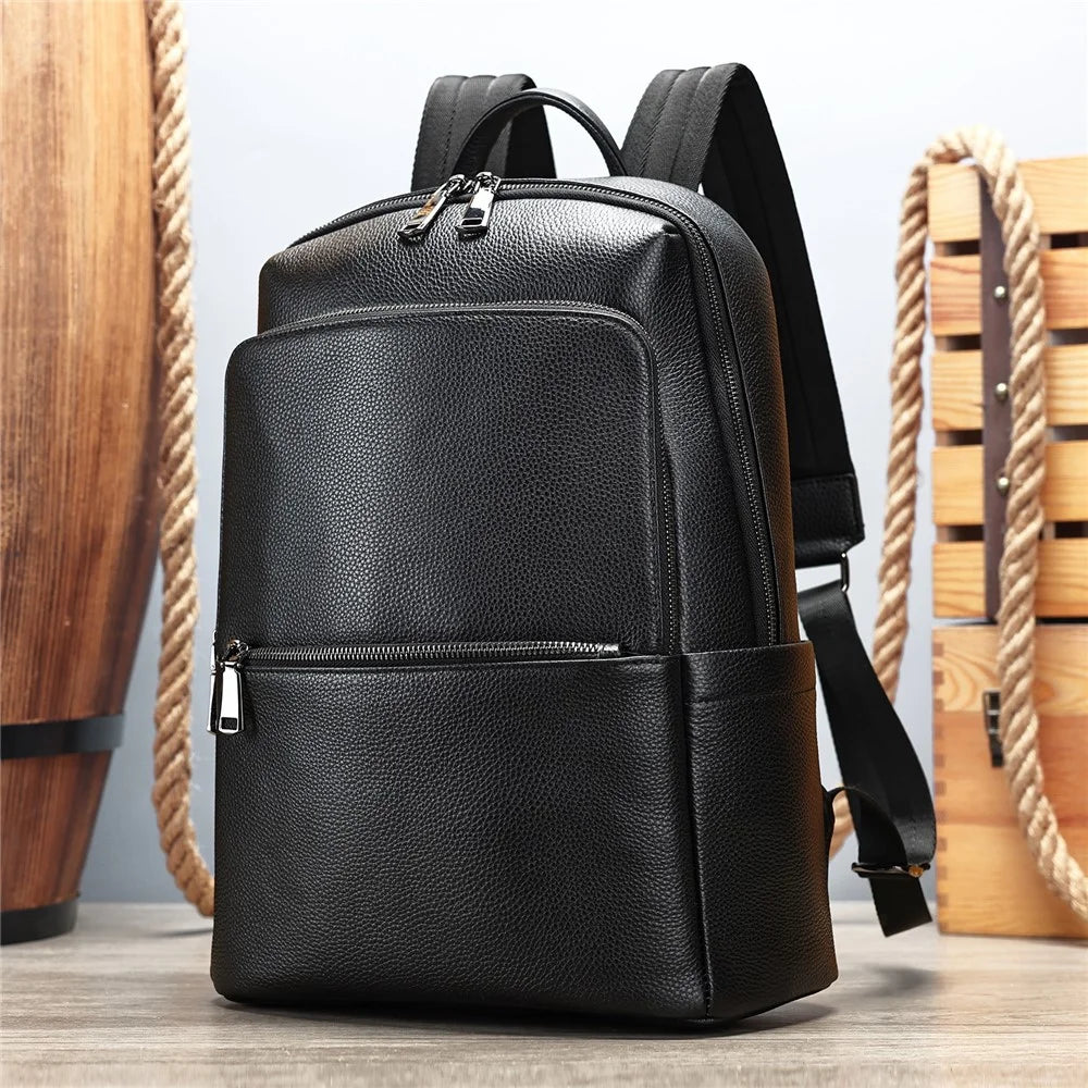 2452 Business Casual Backpack Genuine Cow Leather Laptop Bag Daypack for School Work Travel - Black - 7