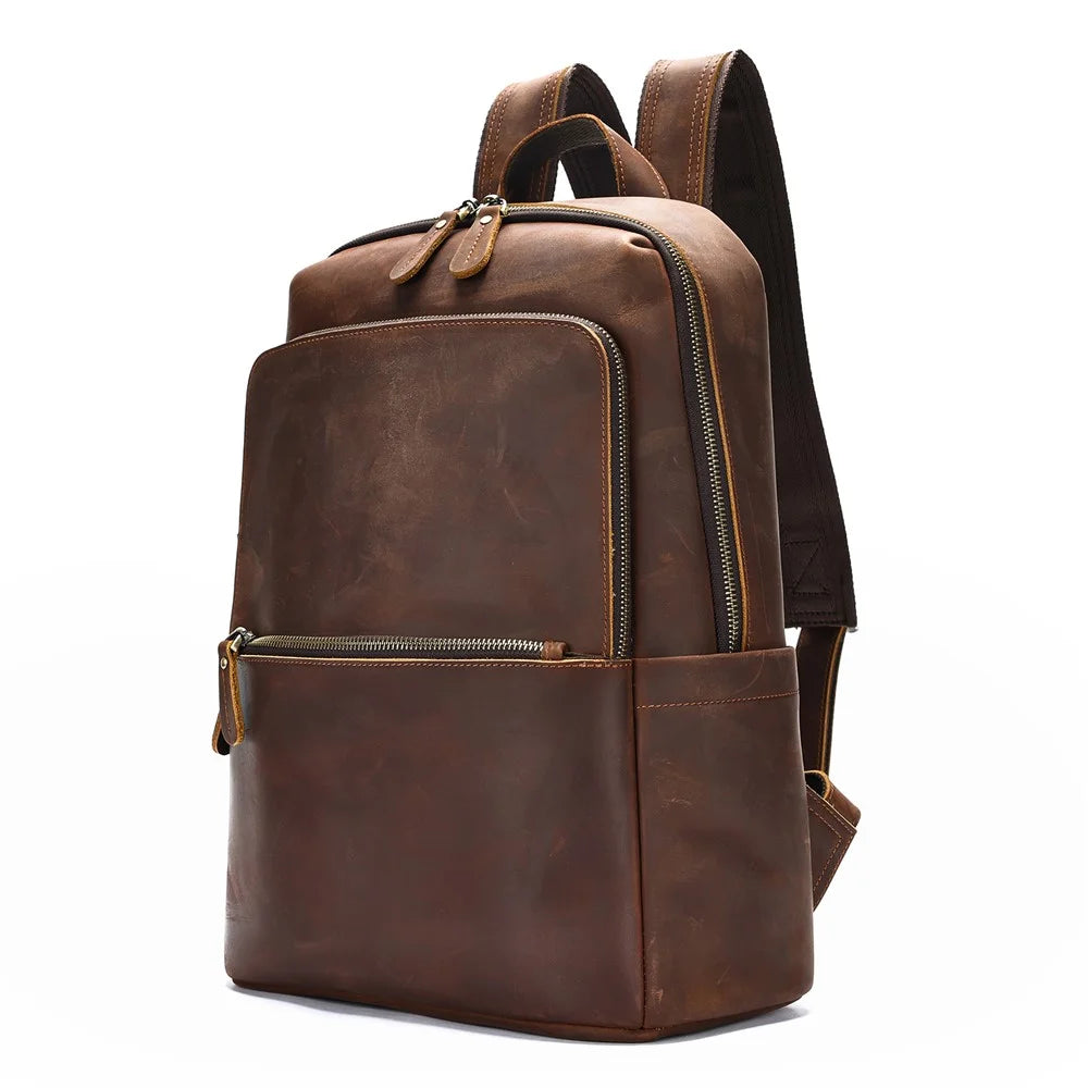 2452 Genuine Cow Leather Backpack Large Capacity 14 inch Laptop Rucksack for Business Travel - Coffee Crazy Horse Texture - 1