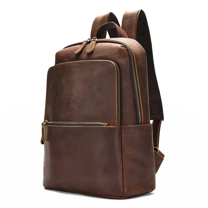 2452 Genuine Cow Leather Backpack Large Capacity 14 inch Laptop Rucksack for Business Travel - Coffee Crazy Horse Texture - 1