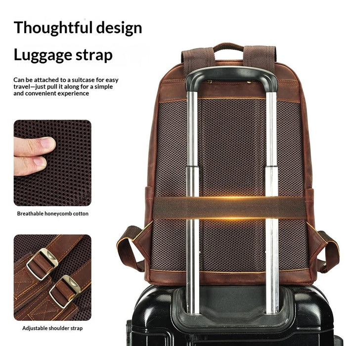 2452 Genuine Cow Leather Backpack Large Capacity 14 inch Laptop Rucksack for Business Travel - Coffee Crazy Horse Texture - 2