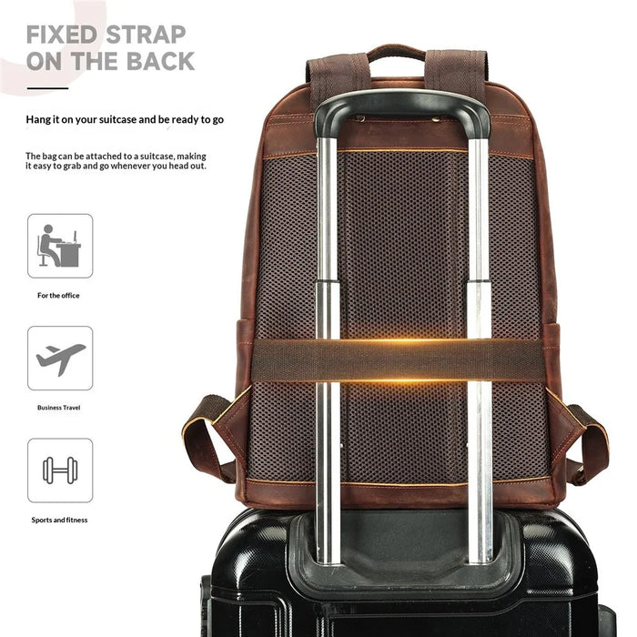 2452 Genuine Cow Leather Backpack Large Capacity 14 inch Laptop Rucksack for Business Travel - Coffee Crazy Horse Texture - 3