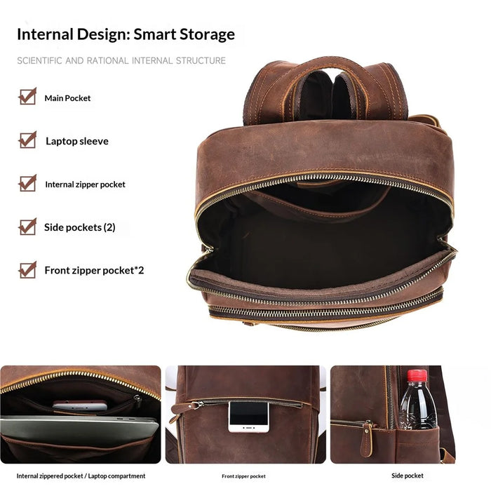 2452 Genuine Cow Leather Backpack Large Capacity 14 inch Laptop Rucksack for Business Travel - Coffee Crazy Horse Texture - 4