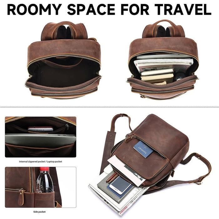 2452 Genuine Cow Leather Backpack Large Capacity 14 inch Laptop Rucksack for Business Travel - Coffee Crazy Horse Texture - 5