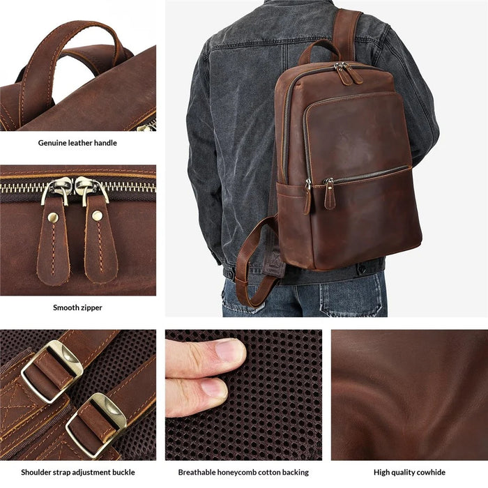 2452 Genuine Cow Leather Backpack Large Capacity 14 inch Laptop Rucksack for Business Travel - Coffee Crazy Horse Texture - 6