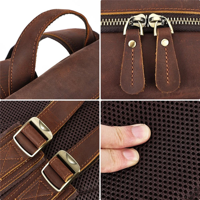 2452 Genuine Cow Leather Backpack Large Capacity 14 inch Laptop Rucksack for Business Travel - Coffee Crazy Horse Texture - 7