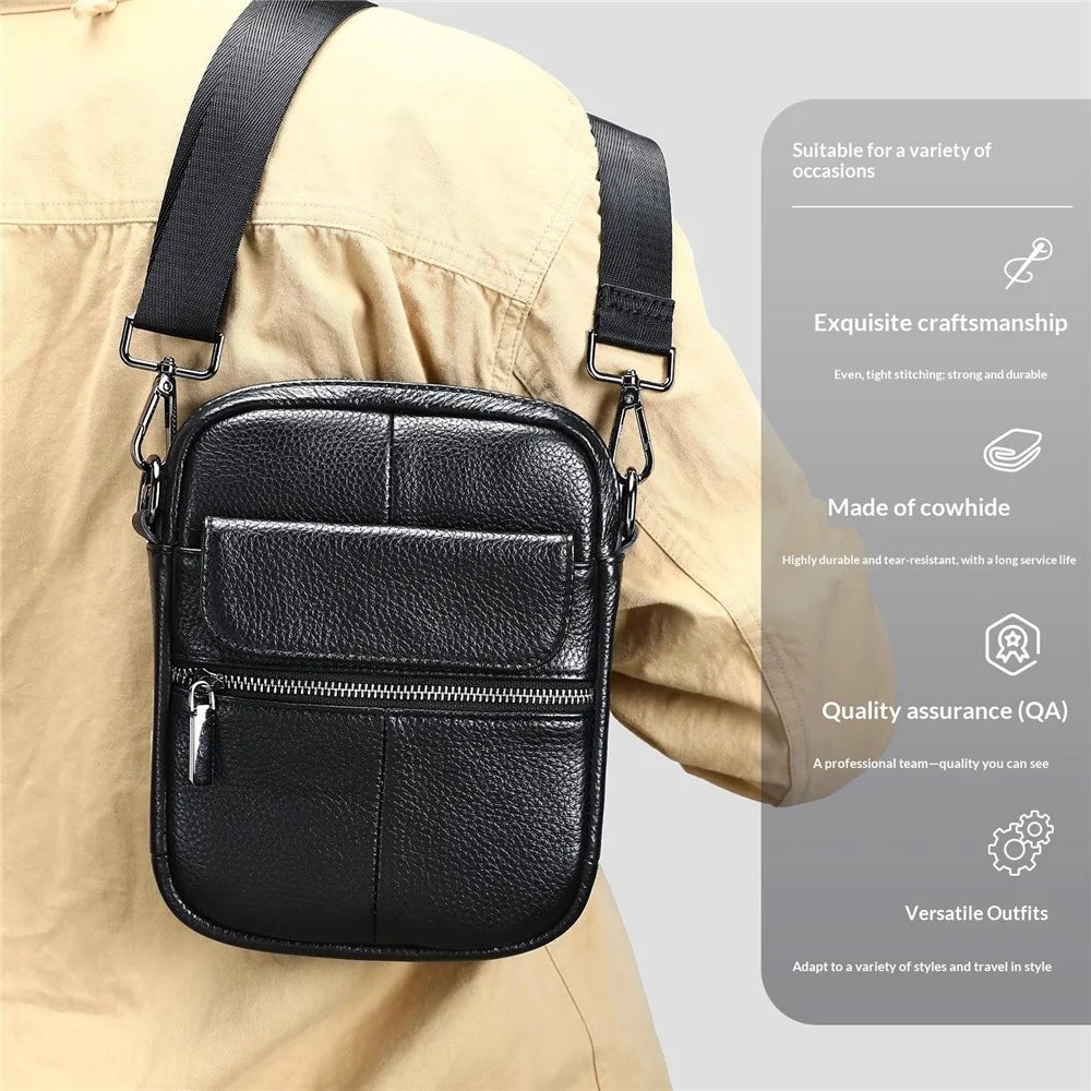 7350 Casual Crossbody Bag Genuine Cow Leather Shoulder Bag with Adjustable Strap for Travel Business - Black Litchi Texture - 2