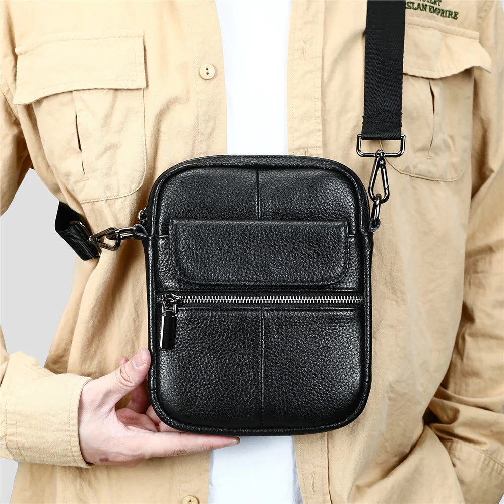 7350 Casual Crossbody Bag Genuine Cow Leather Shoulder Bag with Adjustable Strap for Travel Business - Black Litchi Texture - 3