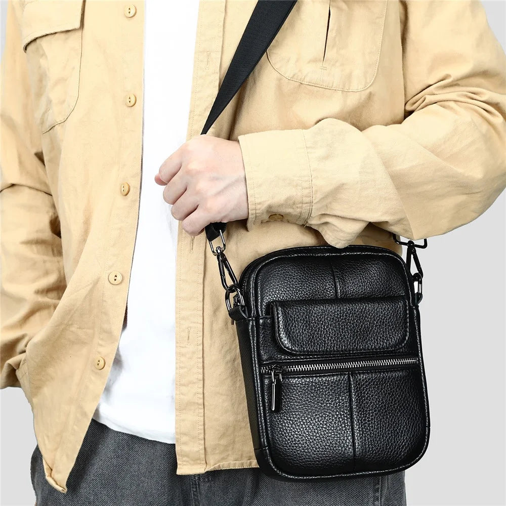 7350 Casual Crossbody Bag Genuine Cow Leather Shoulder Bag with Adjustable Strap for Travel Business - Black Litchi Texture - 5