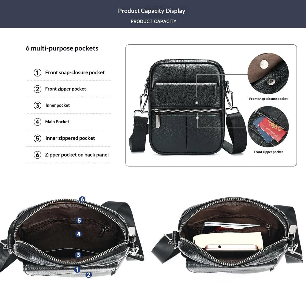 7350 Casual Crossbody Bag Genuine Cow Leather Shoulder Bag with Adjustable Strap for Travel Business - Black Litchi Texture - 6