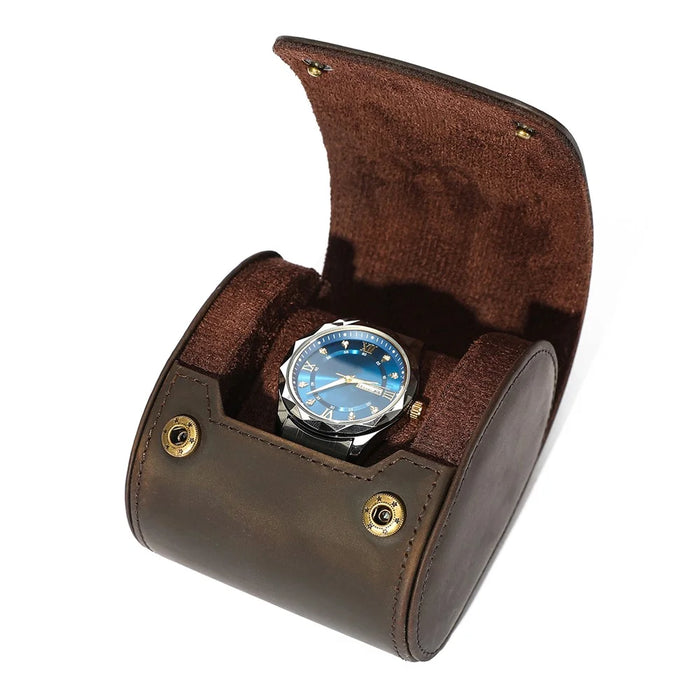 Q8078 Single Watch Travel Case Genuine Cow Leather Watch Storage Box Portable Roll Organizer - Coffee - 1