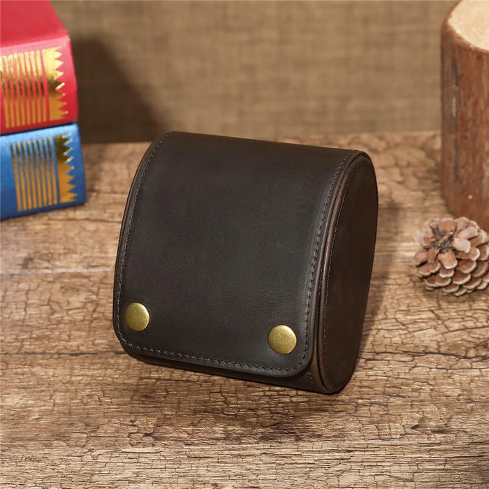 Q8078 Single Watch Travel Case Genuine Cow Leather Watch Storage Box Portable Roll Organizer - Coffee - 2