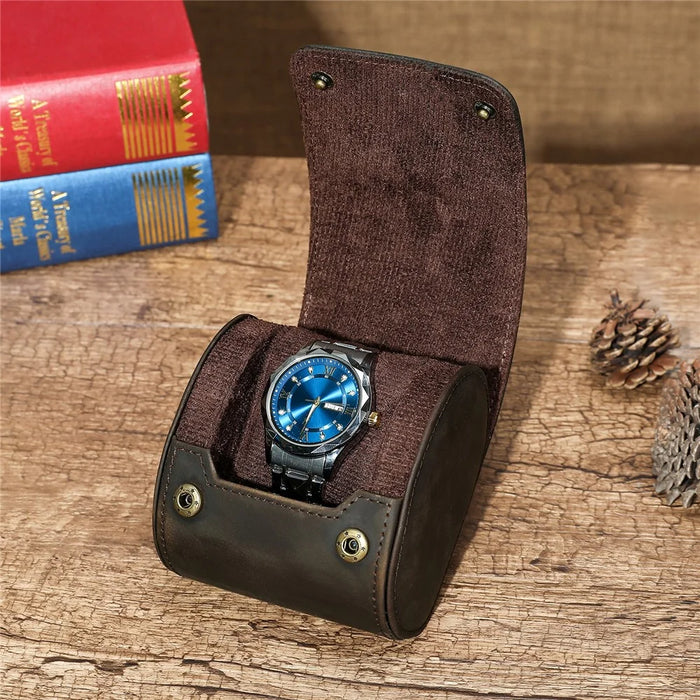 Q8078 Single Watch Travel Case Genuine Cow Leather Watch Storage Box Portable Roll Organizer - Coffee - 3