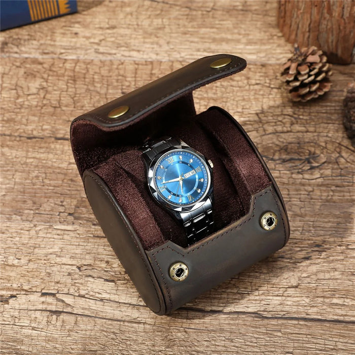 Q8078 Single Watch Travel Case Genuine Cow Leather Watch Storage Box Portable Roll Organizer - Coffee - 4