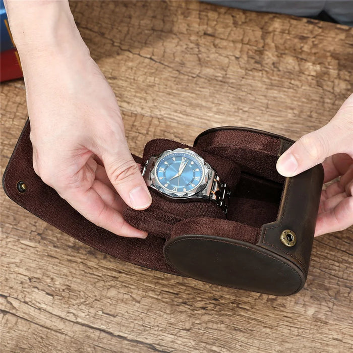 Q8078 Single Watch Travel Case Genuine Cow Leather Watch Storage Box Portable Roll Organizer - Coffee - 6