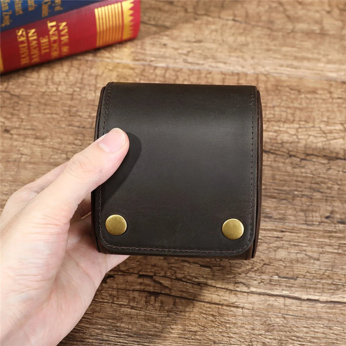 Q8078 Single Watch Travel Case Genuine Cow Leather Watch Storage Box Portable Roll Organizer - Coffee - 7