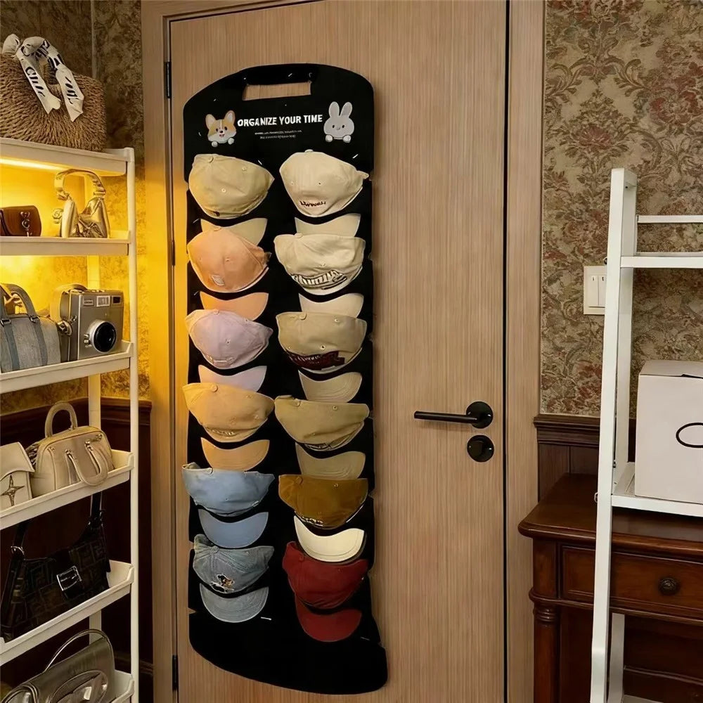 12-Pocket 130x46cm Hat Organizer Storage Hanging Bag Over Door Cap Rack for Baseball Cap - Black - 2