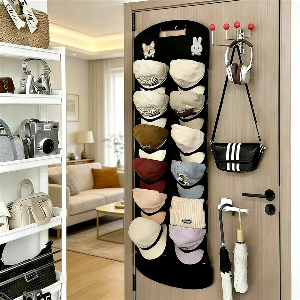 12-Pocket 130x46cm Hat Organizer Storage Hanging Bag Over Door Cap Rack for Baseball Cap - Black - 3