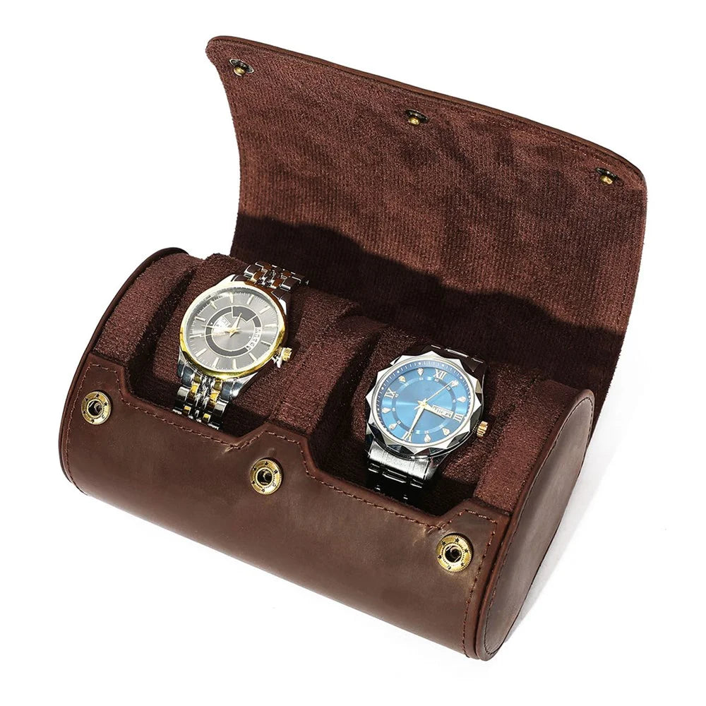Q8078 Dual Watch Travel Case Genuine Cow Leather Watch Storage Box Portable Roll Organizer - Red Coffee - 1