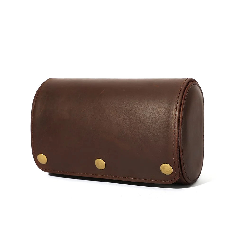 Q8078 Dual Watch Travel Case Genuine Cow Leather Watch Storage Box Portable Roll Organizer - Red Coffee - 2