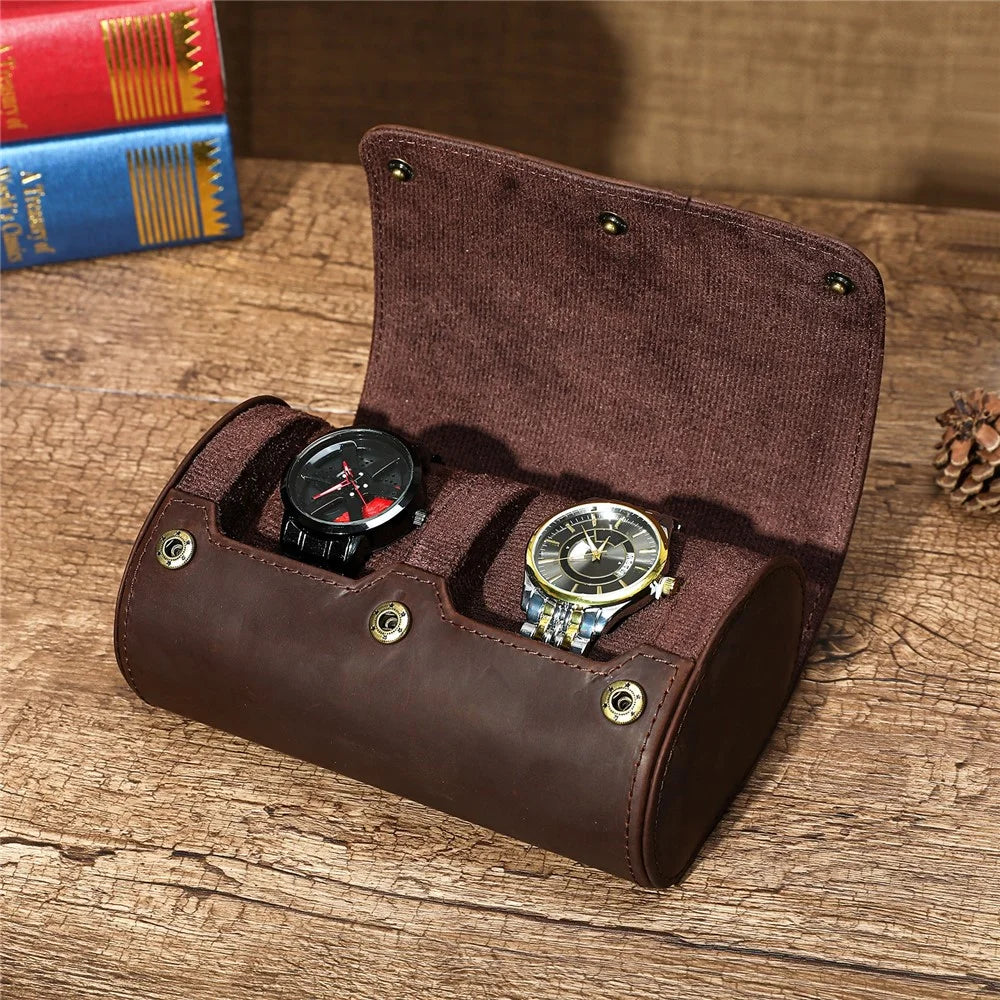 Q8078 Dual Watch Travel Case Genuine Cow Leather Watch Storage Box Portable Roll Organizer - Red Coffee - 3