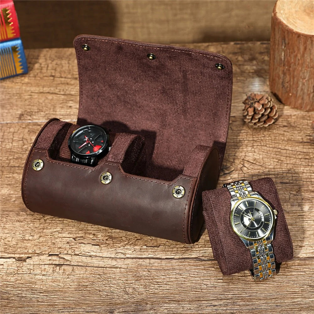 Q8078 Dual Watch Travel Case Genuine Cow Leather Watch Storage Box Portable Roll Organizer - Red Coffee - 4