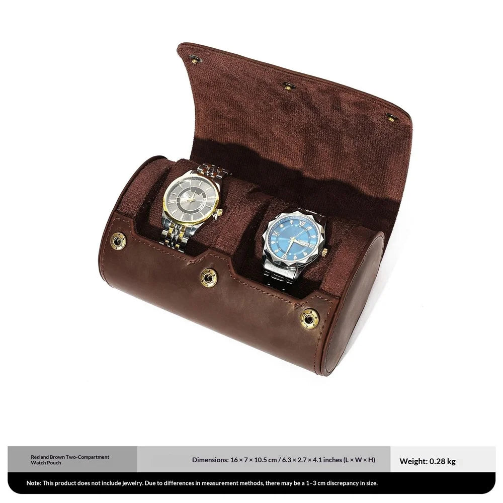 Q8078 Dual Watch Travel Case Genuine Cow Leather Watch Storage Box Portable Roll Organizer - Red Coffee - 5
