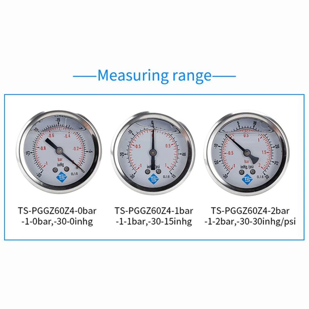 TS-PGGZ60Z4-0bar Axial Mount 68mm Stainless Steel Pressure Meter with Dual Scale for Air Water Oil - 3