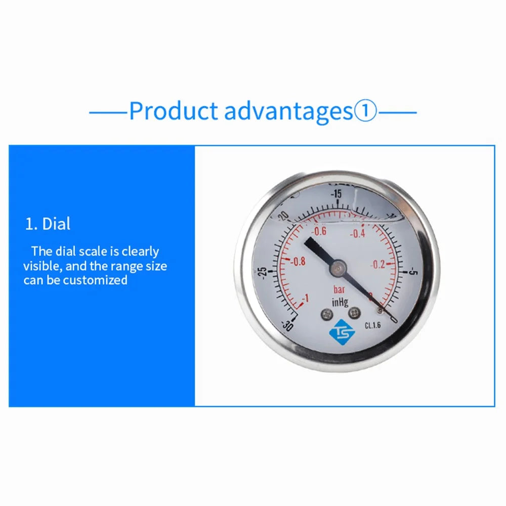 TS-PGGZ60Z4-0bar Axial Mount 68mm Stainless Steel Pressure Meter with Dual Scale for Air Water Oil - 4