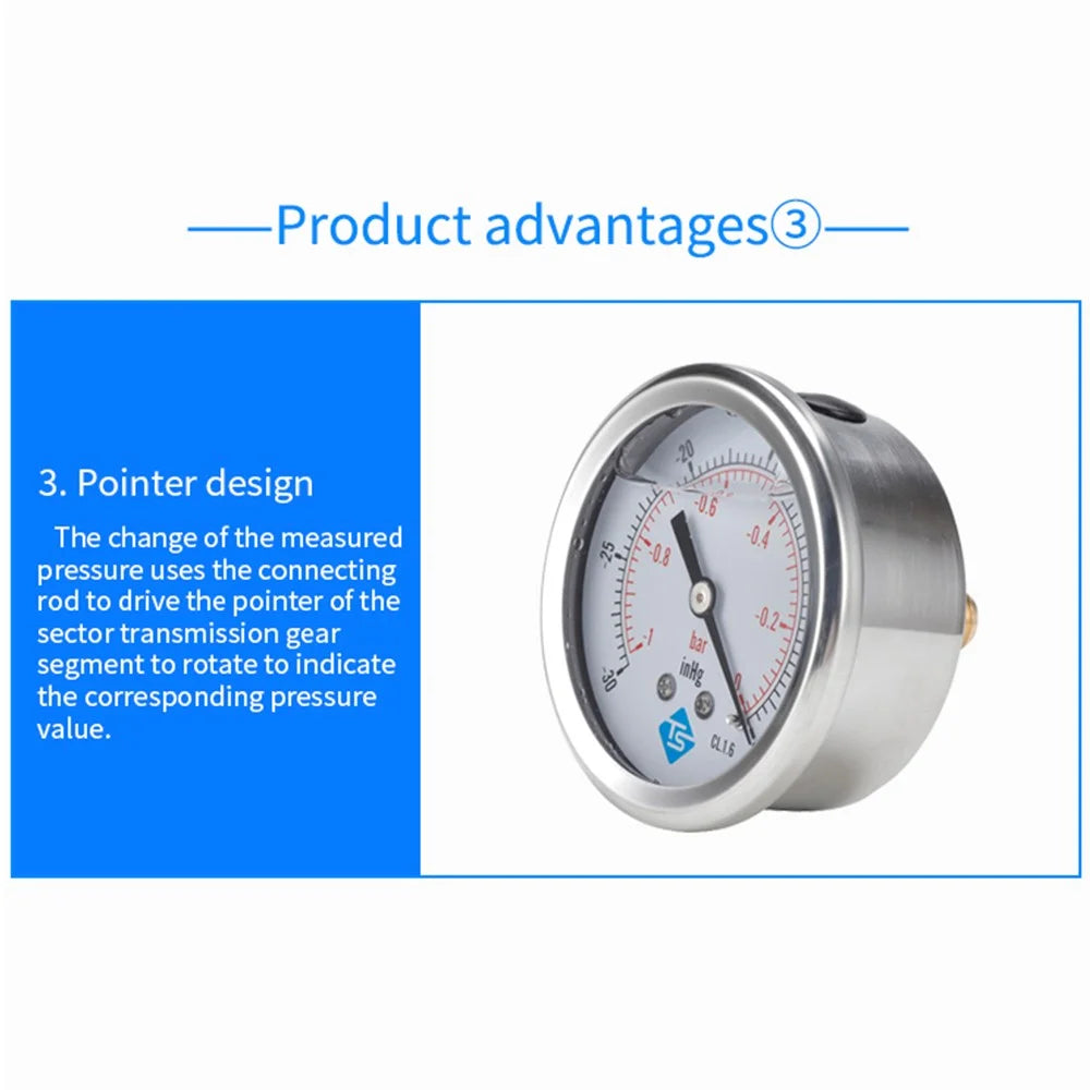 TS-PGGZ60Z4-0bar Axial Mount 68mm Stainless Steel Pressure Meter with Dual Scale for Air Water Oil - 6