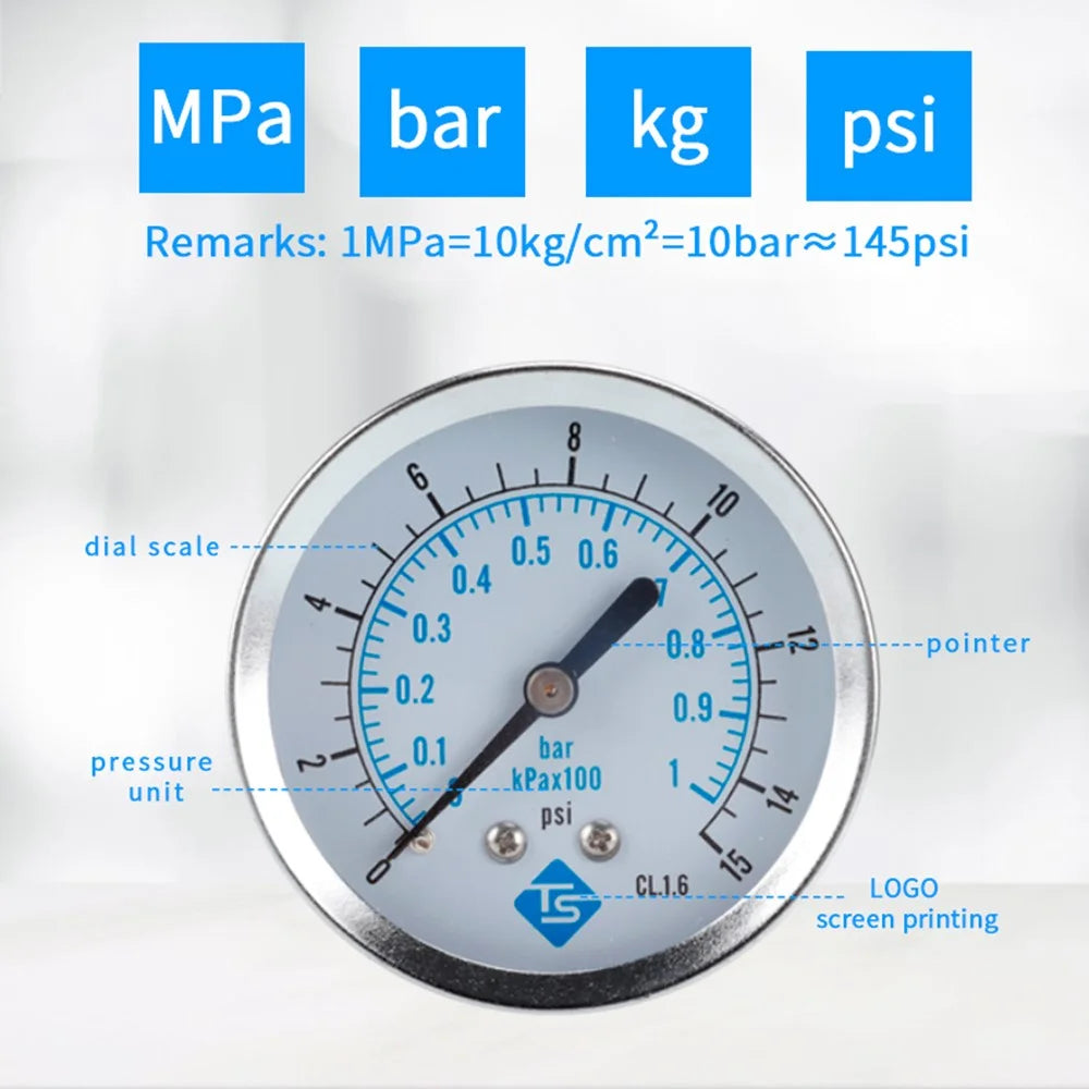 TS-Y60Z4-15psi Axial Mount Pressure Gauge 0-15psi Stainless Steel 1 / 4NPT Pressure Meter for Air Water Oil Hydraulic - 3