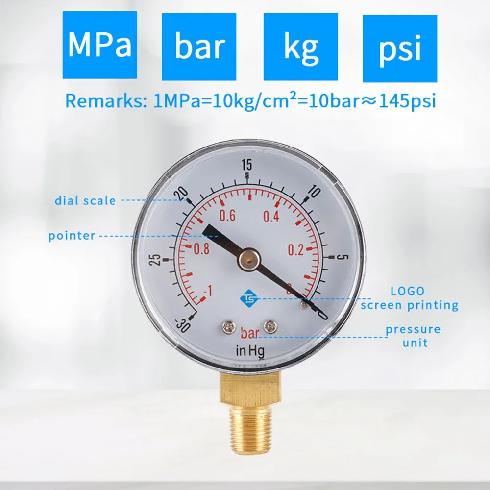 TS-Y50-1-0bar 50mm Dial Radial Pressure Gauge -30-0 Bar Vacuum Negative Pressure Meter with 1 / 8 BSPT Thread for Industrial - 3