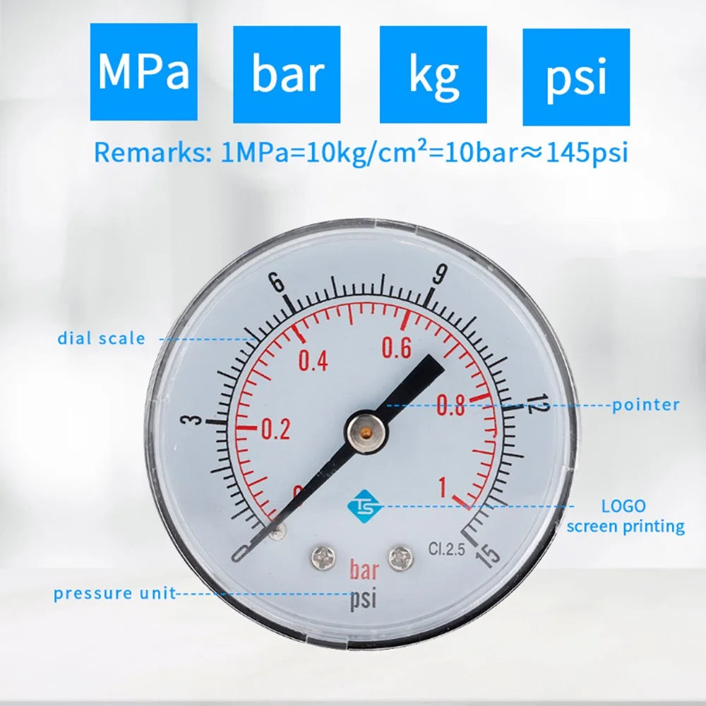 TS-Y50Z8 Series 50mm Axial Pressure Gauge Stainless Steel Air Water Oil Hydraulic Meter for Industrial - TS-Y50Z8-15psi - 3