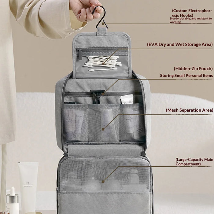 RPET Hanging Toiletry Bag Water-Resistant Travel Cosmetic Organizer with Metal Hook - Black - 3