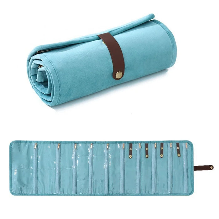 Multi-Compartment Roll Up Jewelry Storage Pouch with Clear Window Portable Travel Organizer - Lake Blue - 1