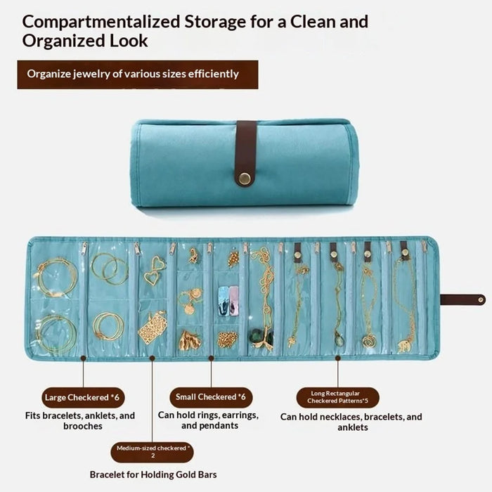 Multi-Compartment Roll Up Jewelry Storage Pouch with Clear Window Portable Travel Organizer - Lake Blue - 4