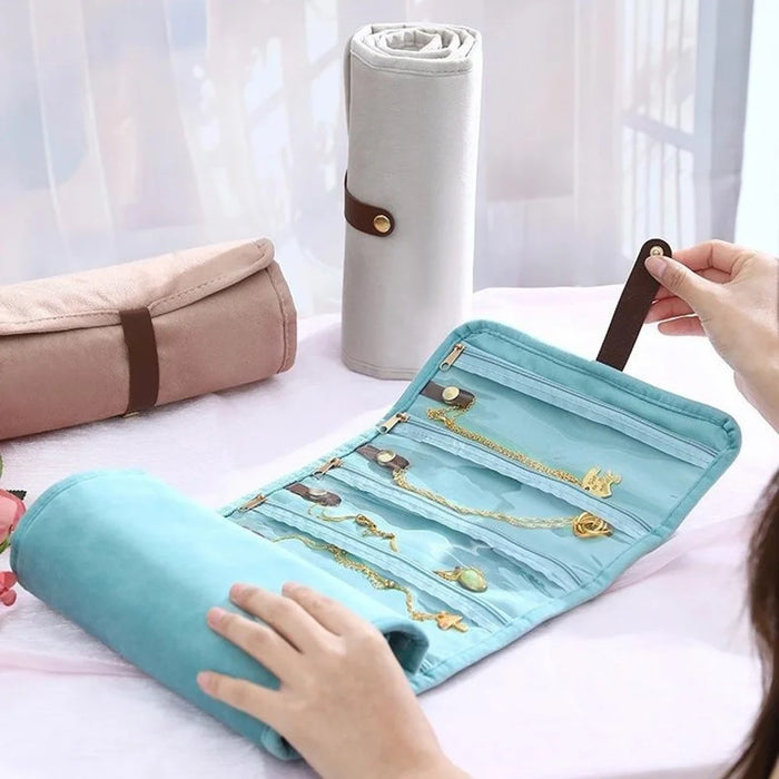 Multi-Compartment Roll Up Jewelry Storage Pouch with Clear Window Portable Travel Organizer - Lake Blue - 5