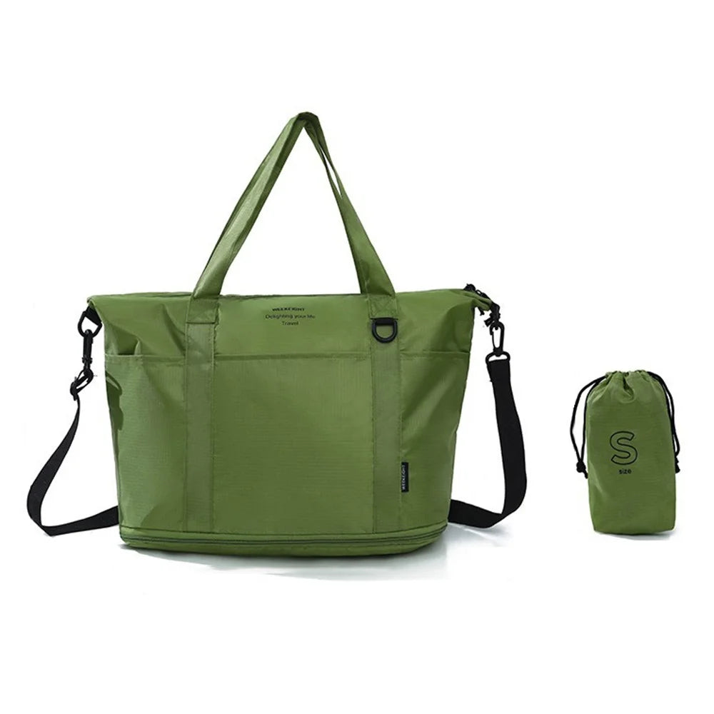 Collapsible Travel Tote Bag Lightweight Nylon Expandable Luggage Handbag with Shoulder Strap - Forest Green - 1