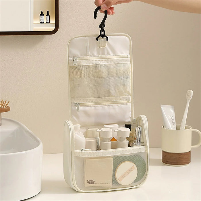 Hanging Toiletry Bag Taslon Fabric Cosmetic Storage Pouch for Travel - Beige - 2