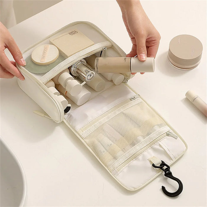 Hanging Toiletry Bag Taslon Fabric Cosmetic Storage Pouch for Travel - Beige - 3