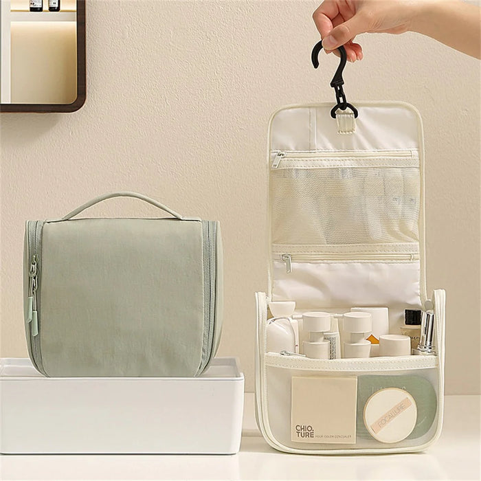 Hanging Toiletry Bag Taslon Fabric Cosmetic Storage Pouch for Travel - Beige - 4
