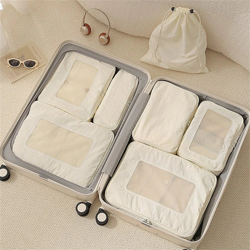 7Pcs Taslon Storage Bags Packing Cubes Organizers for Outdoor Travel - Beige - 1